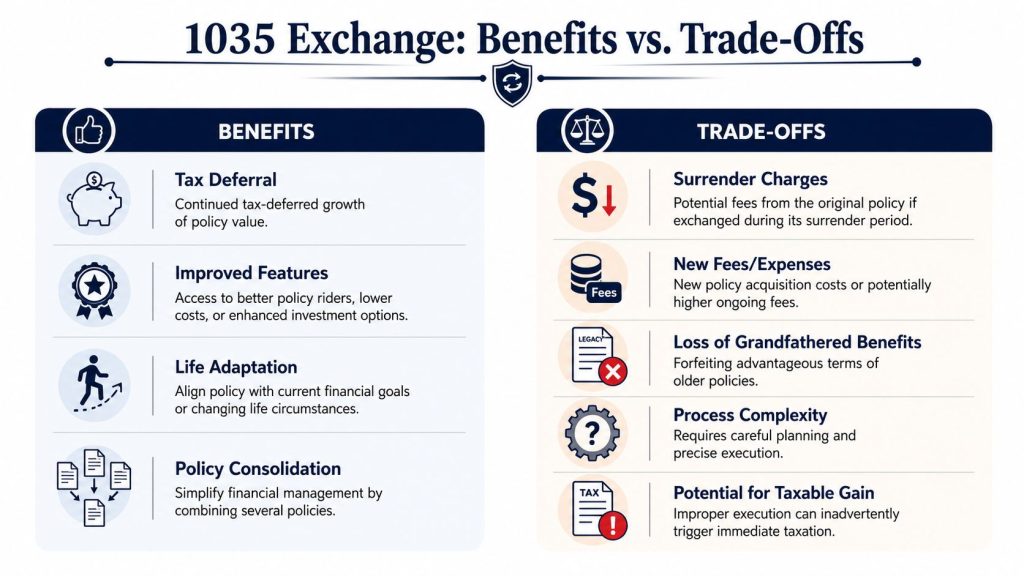 An infographic titled 1035 Exchange comparing the primary benefits and trade-offs of life insurance policy exchanges.