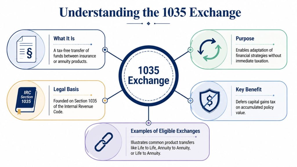 A diagram explaining the 1035 exchange, detailing its purpose, legal basis, benefits, and eligible product transfers.