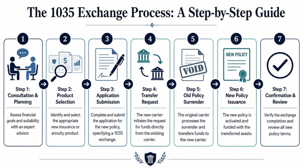 A step-by-step infographic detailing the process of completing a 1035 exchange for insurance and annuity policies.