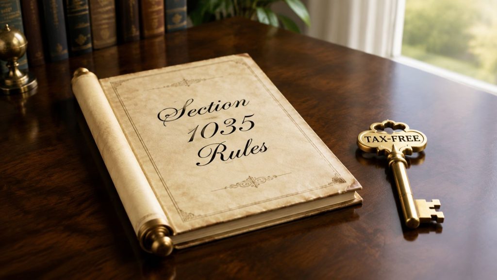 A leather-bound book titled Section 1035 Rules lying on a desk next to a golden tax-free key.