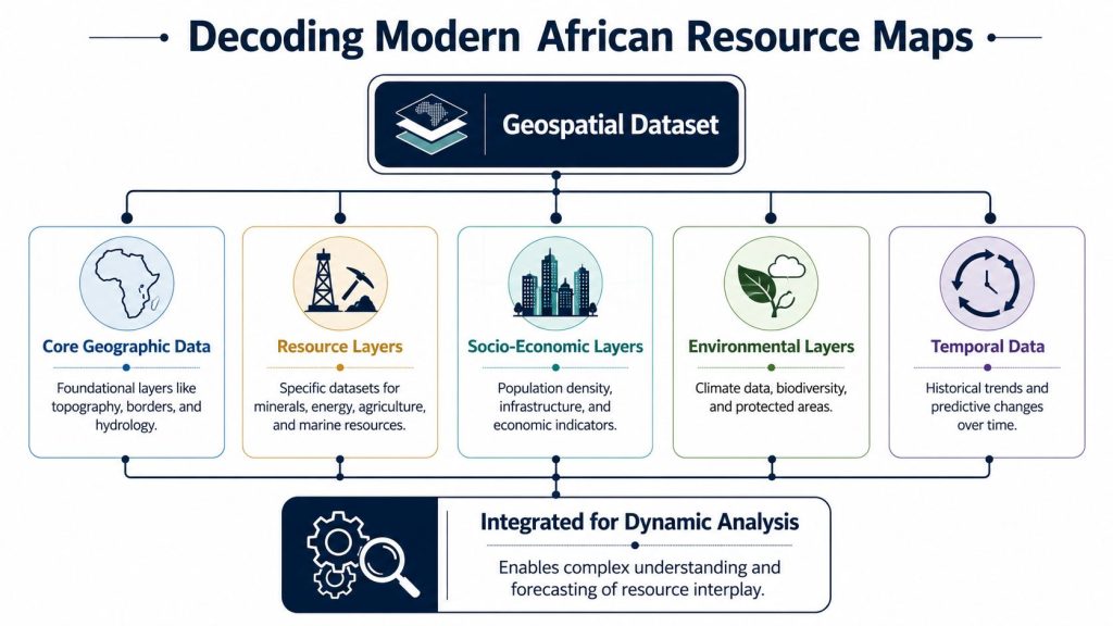A diagram illustrating the components of modern African resource maps and their integration for dynamic data analysis.