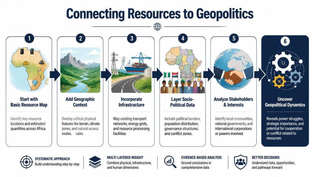 A six-step infographic explaining how to map African natural resources to understand complex geopolitical dynamics and interests.