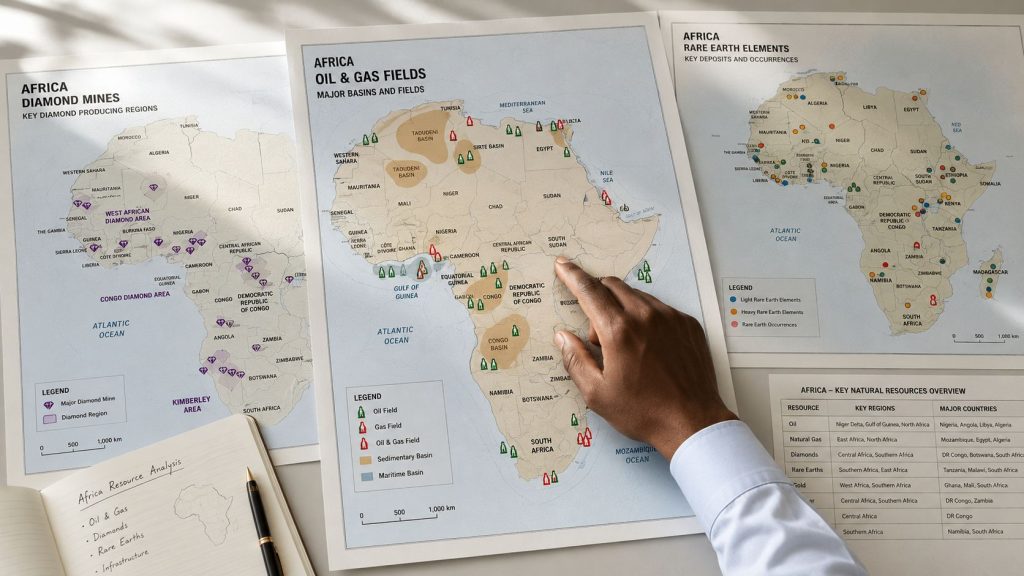 A hand points to a map showing African oil and gas fields alongside resource charts and notes.