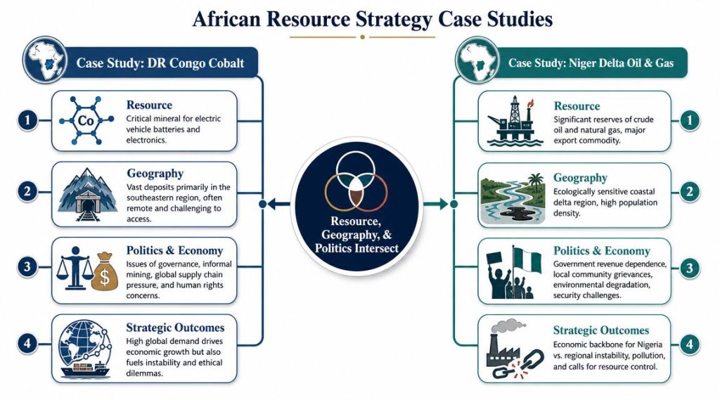 A diagram contrasting African resource strategies using DR Congo cobalt and Niger Delta oil and gas case studies.