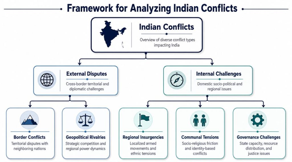 A structured flowchart titled Framework for Analyzing Indian Conflicts, detailing external disputes and internal challenges in India.