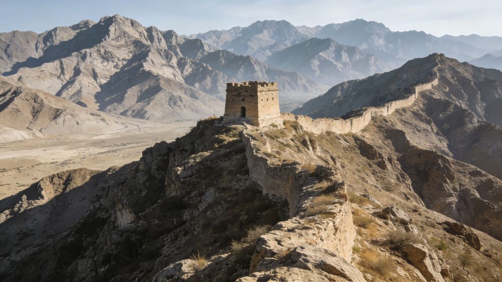 An ancient stone watchtower perched on a rugged mountain ridge along the historic Great Wall of China.