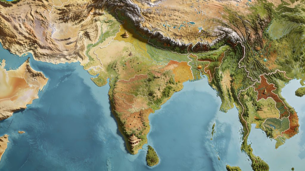 A 3D relief style map illustrating the geography and borders of India and South Asia.