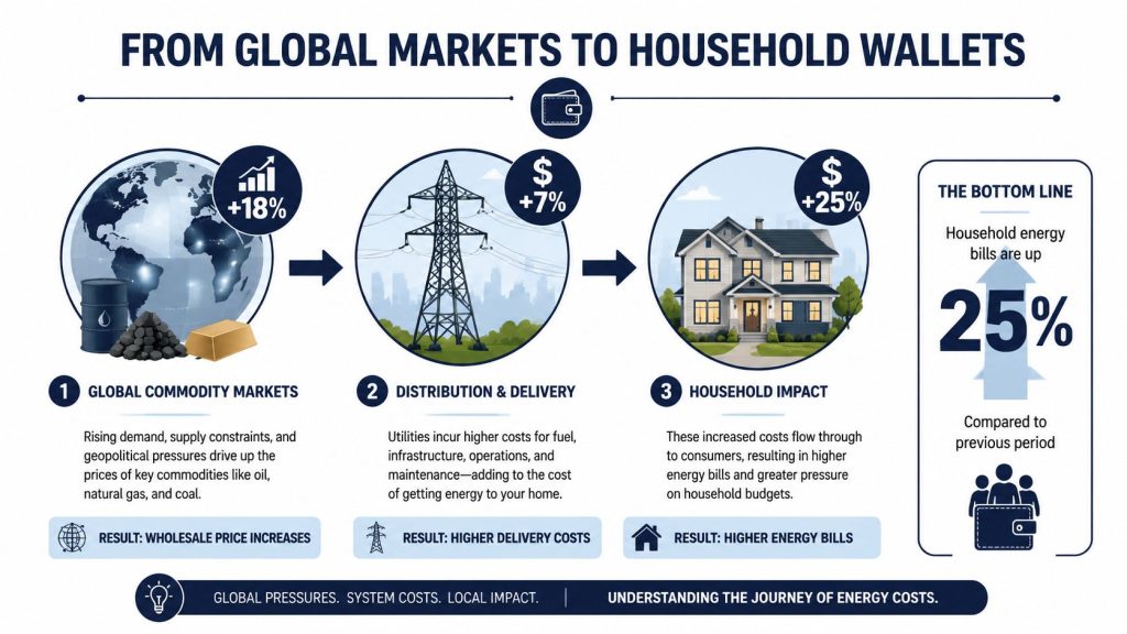 An infographic showing the progression of rising energy costs from global commodity markets to household bills.