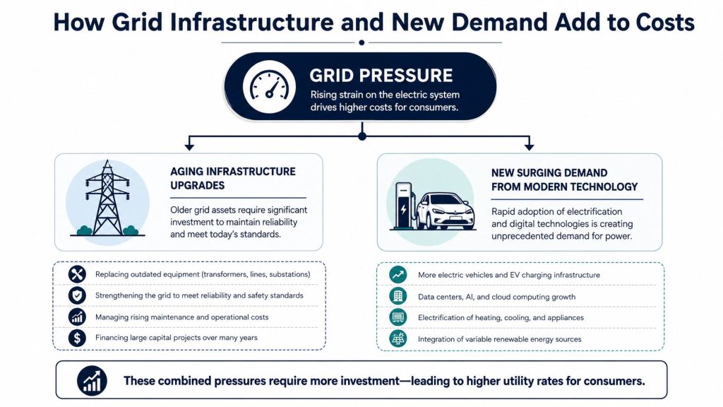An infographic showing how aging infrastructure and surging electricity demand drive higher costs for utility consumers.