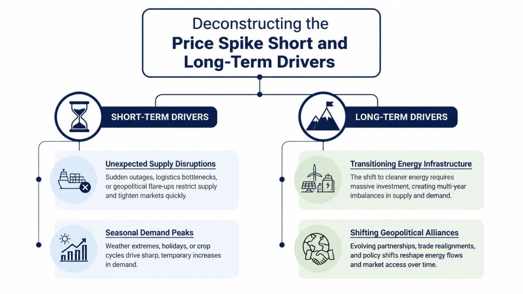 A diagram explaining short-term and long-term drivers behind energy price spikes and market volatility.