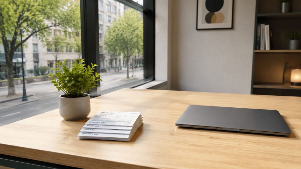 A stack of utility bills sits on a desk next to a closed laptop and a small plant.