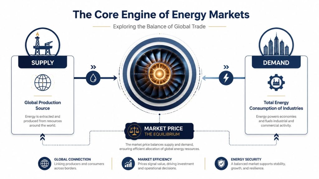 A diagram illustrating the global energy market, showing the flow between supply and demand via equilibrium.