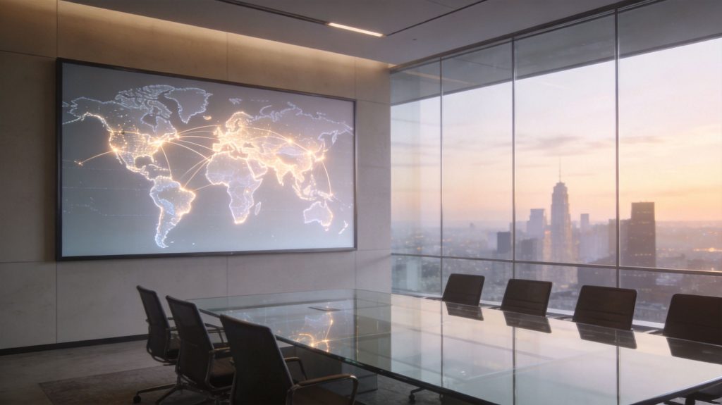 A modern, sleek boardroom with a large digital screen displaying a global connectivity map at sunset.