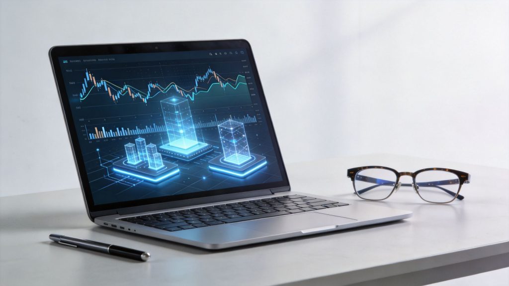 A modern laptop displaying energy market data analytics with charts on a white desk with glasses.