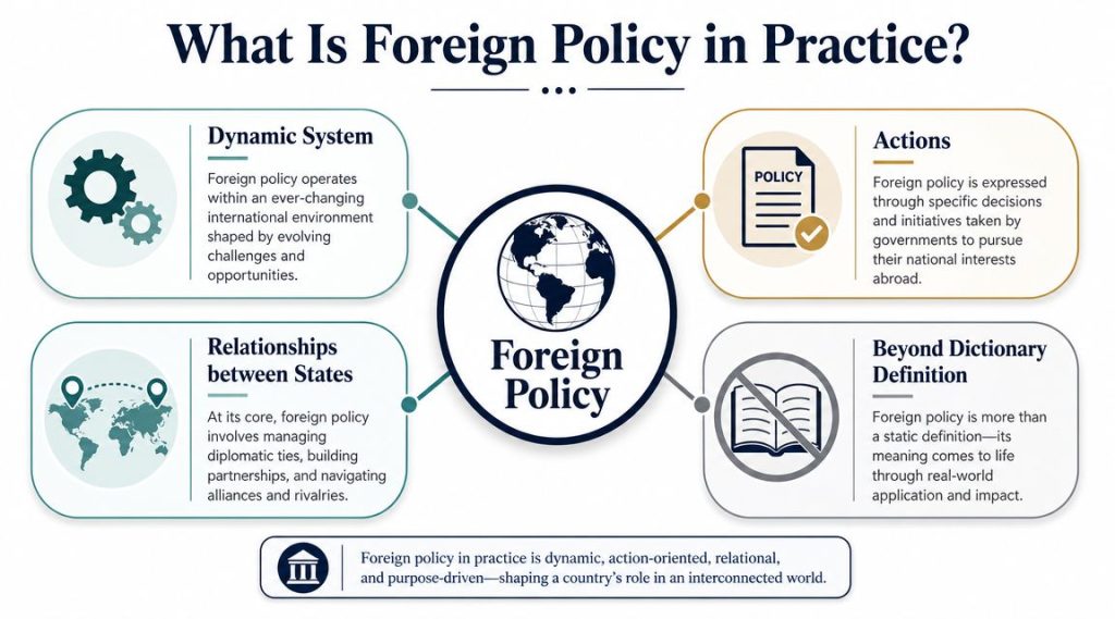 An infographic titled What Is Foreign Policy in Practice, illustrating four core aspects of foreign policy.