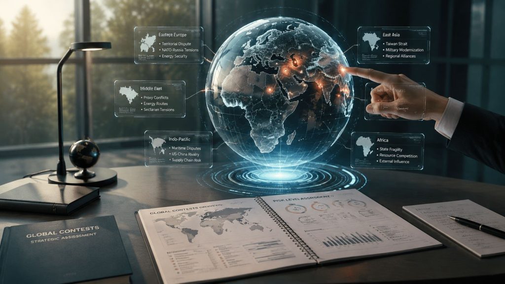 A professional analyzing global geopolitical risks using a holographic digital globe in a modern office setting.