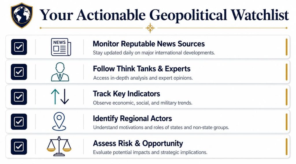 A list titled Your Actionable Geopolitical Watchlist featuring five steps to monitor and analyze international geopolitical events.