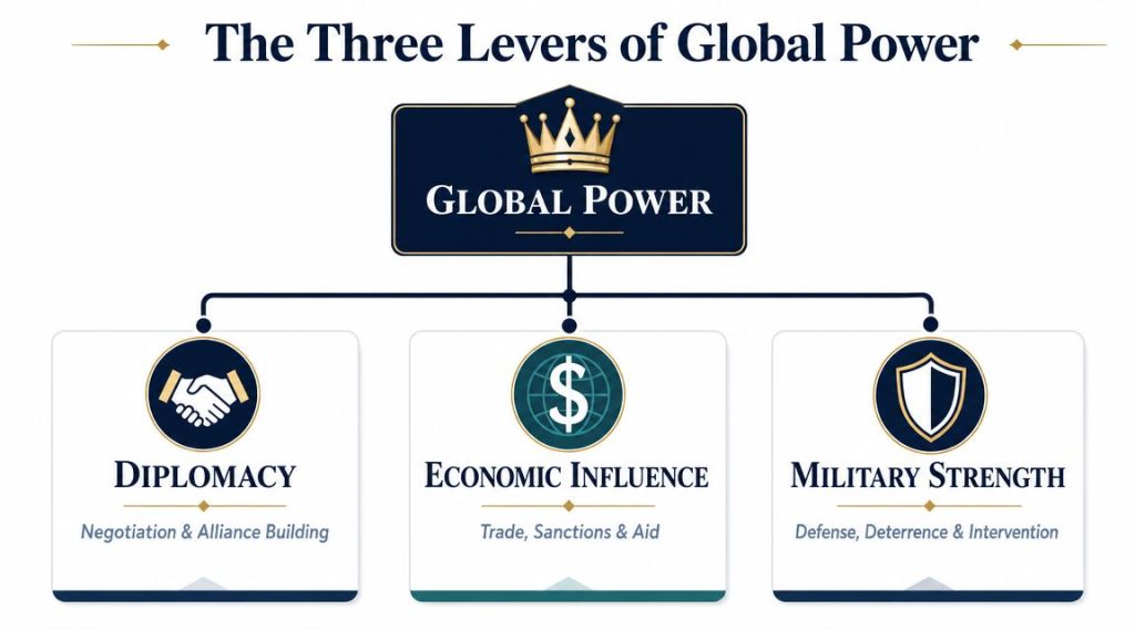 A diagram titled The Three Levers of Global Power illustrating diplomacy, economic influence, and military strength.