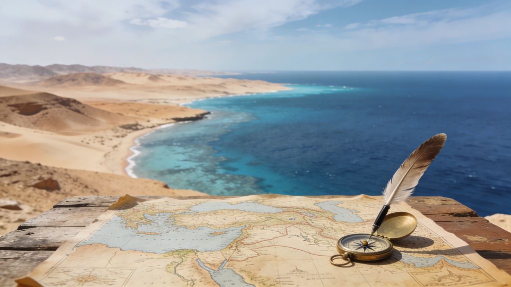 An antique map, compass, and feather quill resting on a wooden surface overlooking a desert coastline.