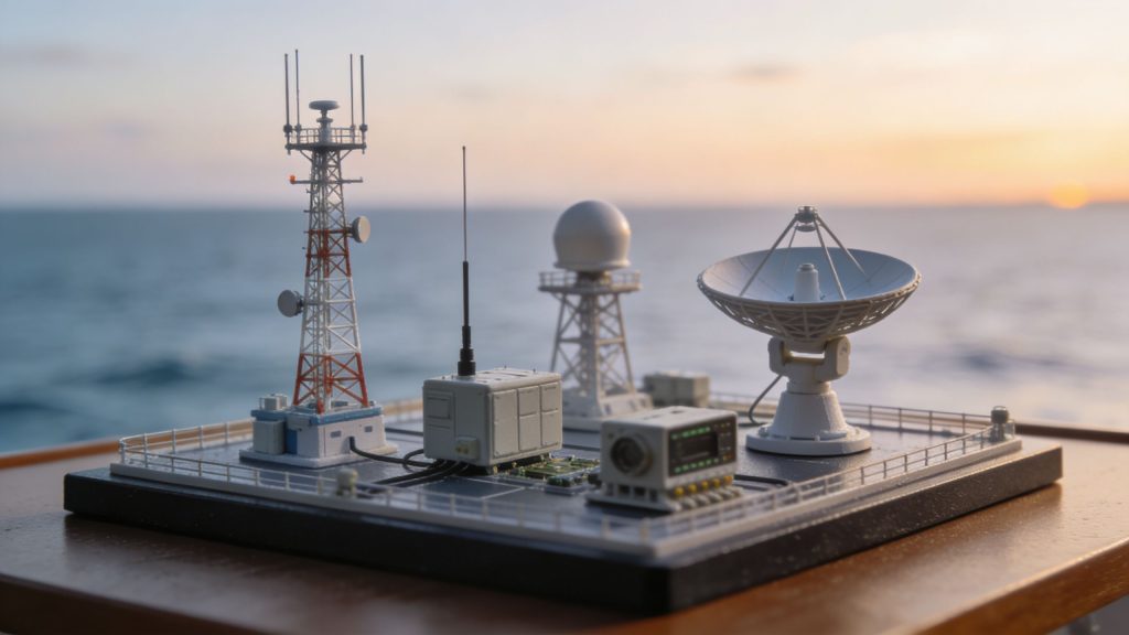 A detailed miniature model of communication towers and satellite equipment set against a blurry ocean background.