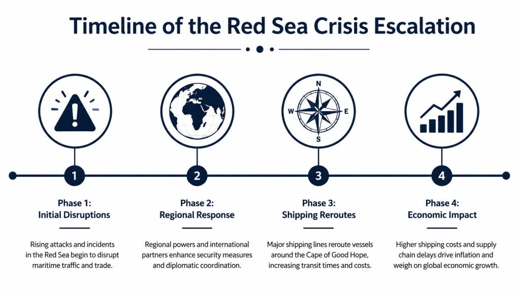 A four-phase infographic timeline illustrating the escalation of the Red Sea crisis and its global economic impacts.