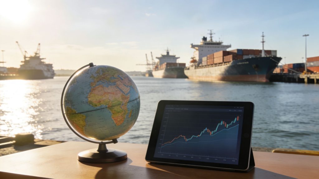 A globe and a digital tablet displaying stock market charts on a table overlooking cargo ships at sea.
