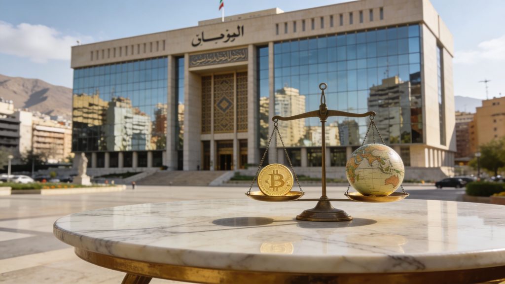 A golden Bitcoin coin and a small globe balanced on a scale in front of a government building.