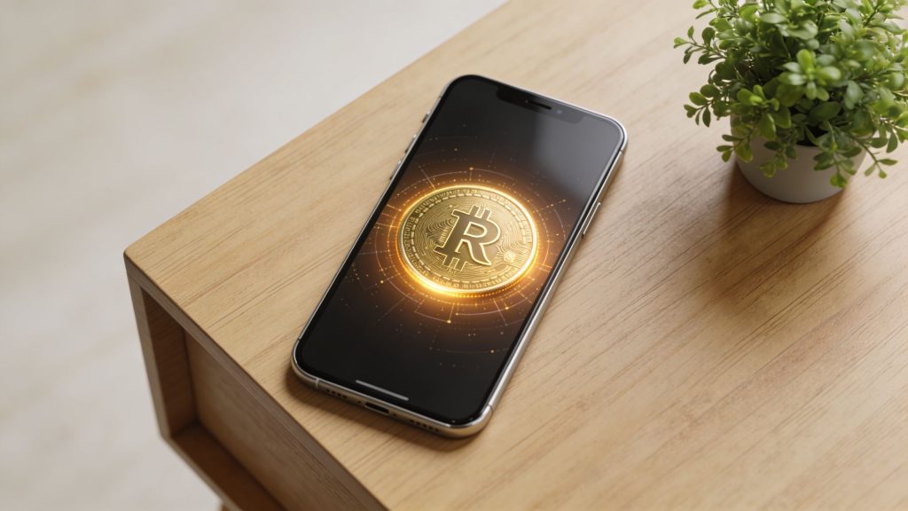 A smartphone resting on a wooden table displaying a golden digital R coin symbol on screen.