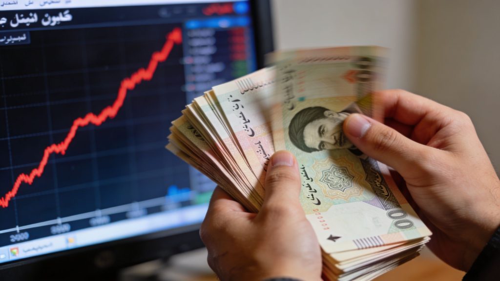 A close-up view of a person counting Iranian Rial banknotes in front of a financial stock chart.