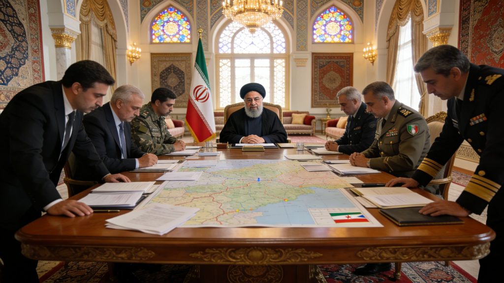 Ebrahim Raisi sitting at a table with military officials reviewing a map of a foreign country.