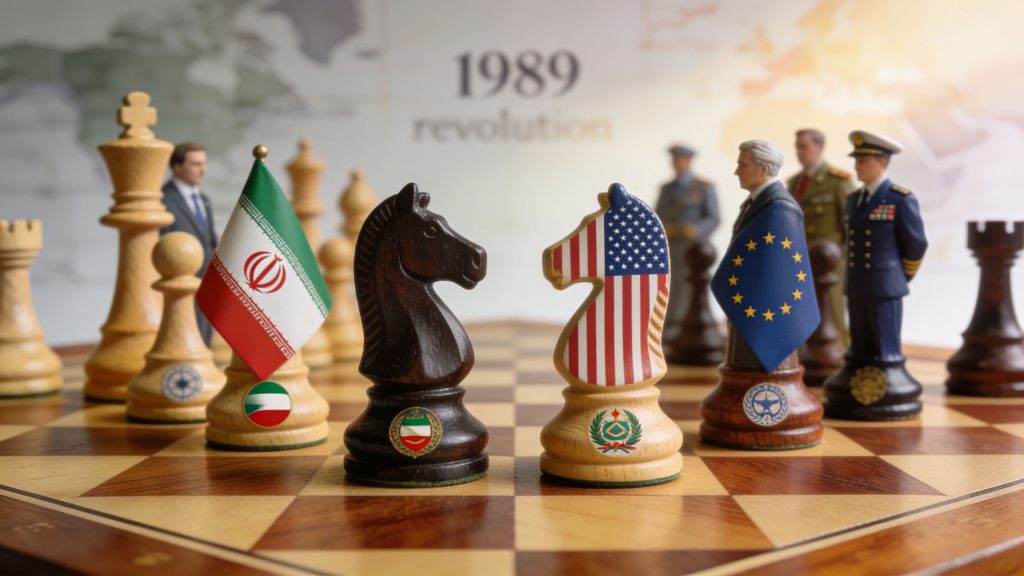 Chess pieces with Iranian and US flags positioned on a board representing international diplomatic conflicts.