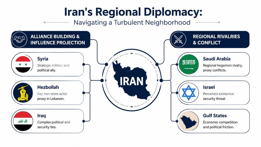 A diagram outlining Iran's diplomatic relations, categorizing regional influence, alliances, and key geopolitical rivalries and conflicts.