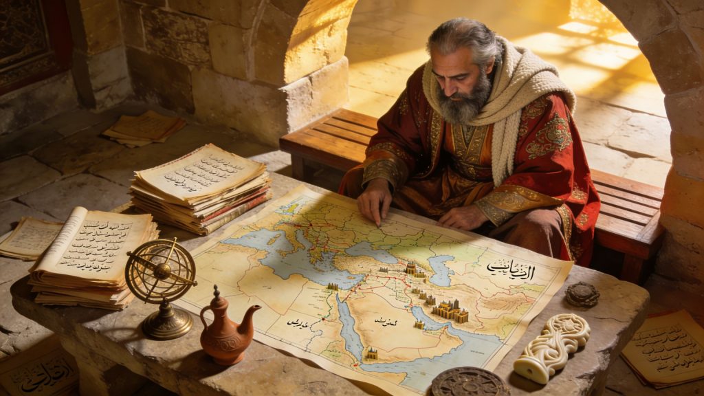 An elderly scholar in traditional robes examines a historical map of the Middle East at a desk.