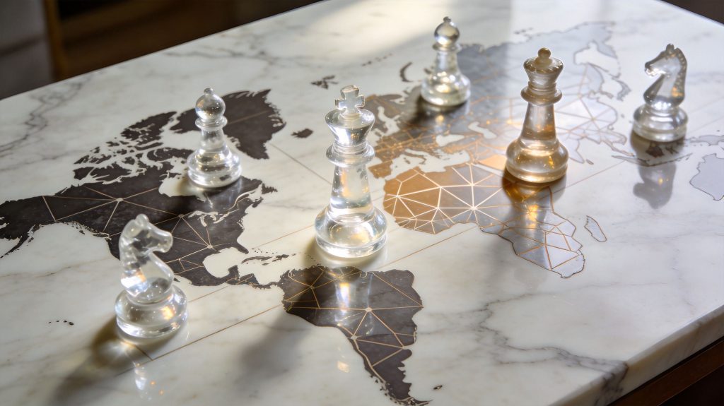 Clear glass chess pieces arranged on a marble table with a world map design.