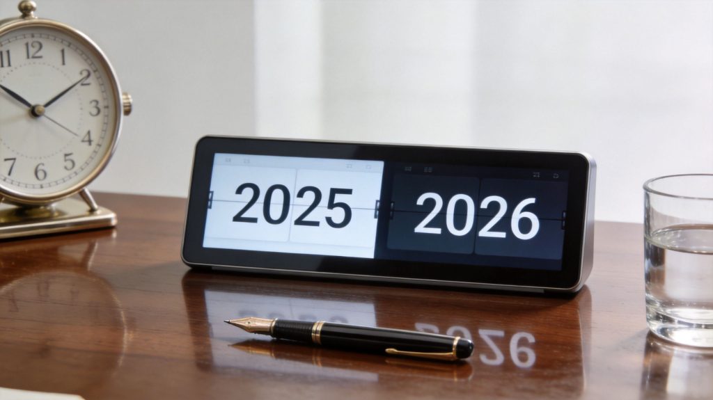 A clock displaying 2025 and 2026 on a wooden desk next to a pen and water glass.