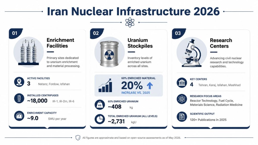 An infographic titled Iran Nuclear Infrastructure 2026, detailing enrichment facilities, uranium stockpiles, and research centers in Iran.