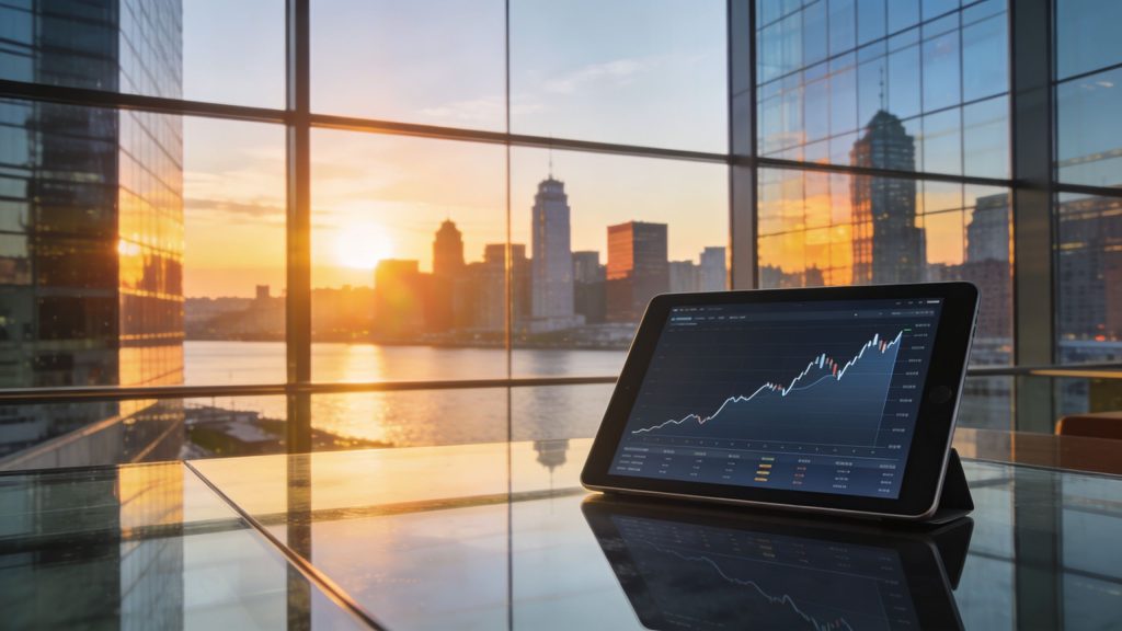 A digital tablet displaying a rising stock market graph set on a desk with a sunset city background.