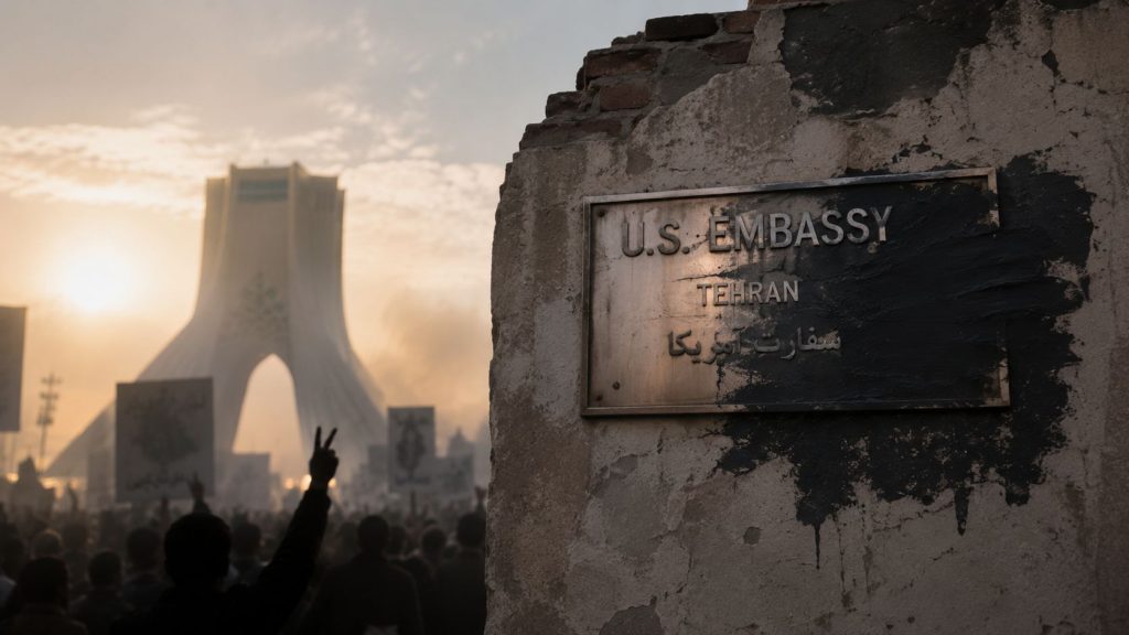 A conceptual scene showing a crowd near Azadi Tower with a sign labeled U.S. Embassy Tehran.