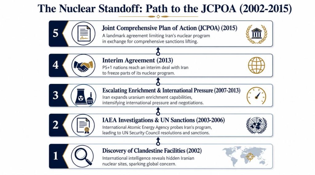 A timeline chart detailing the history of the nuclear standoff and JCPOA negotiations between 2002 and 2015.