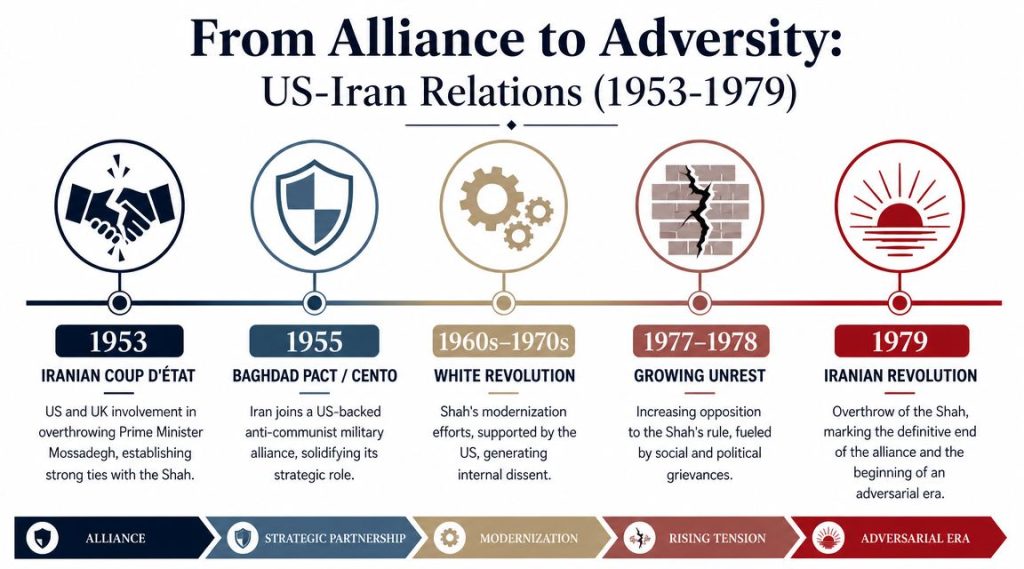 A timeline infographic detailing the history of US-Iran relations from 1953 to 1979 including major political events.