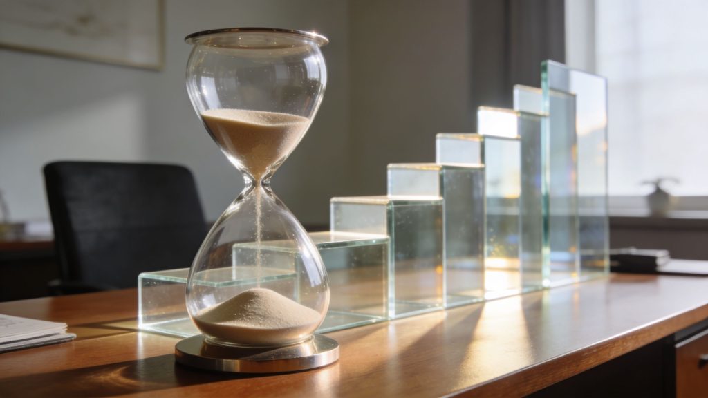 A glass hourglass standing on a wooden office desk in front of glass steps.
