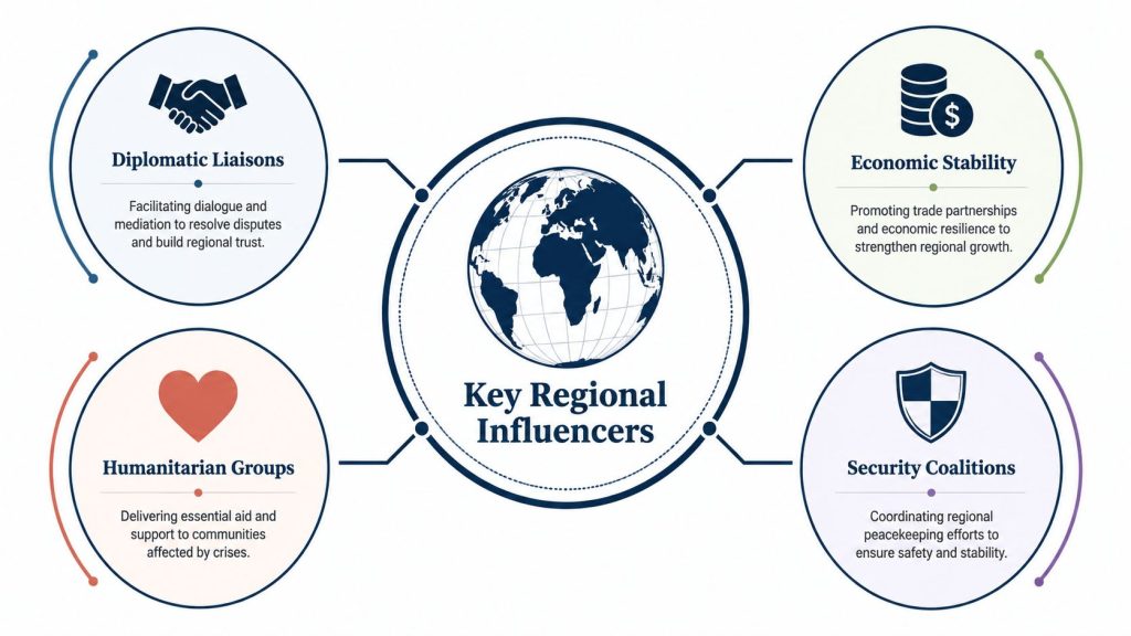 A diagram illustrating key regional influencers, including diplomatic liaisons, economic stability, humanitarian groups, and security coalitions.