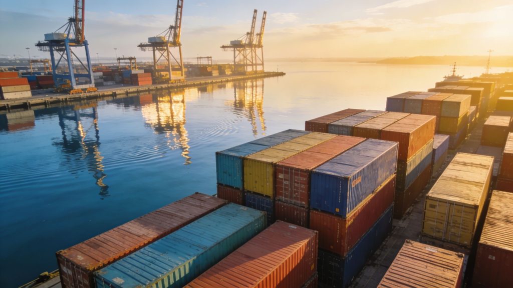 A wide angle view of an industrial shipping port with stacks of containers at sunset.