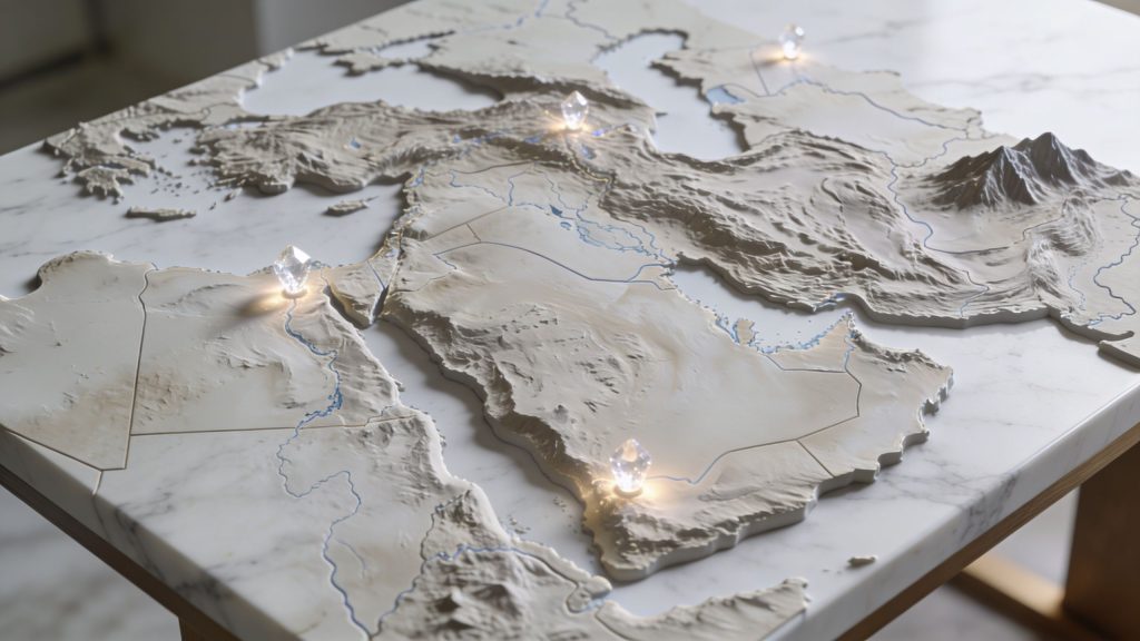 A 3D topographical map of the Middle East made of stone with glowing crystal markers on a marble table.