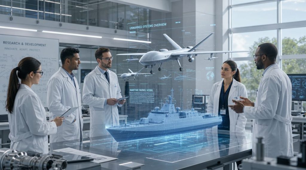 A team of engineers in white lab coats reviews 3D holographic models of drones and warships.