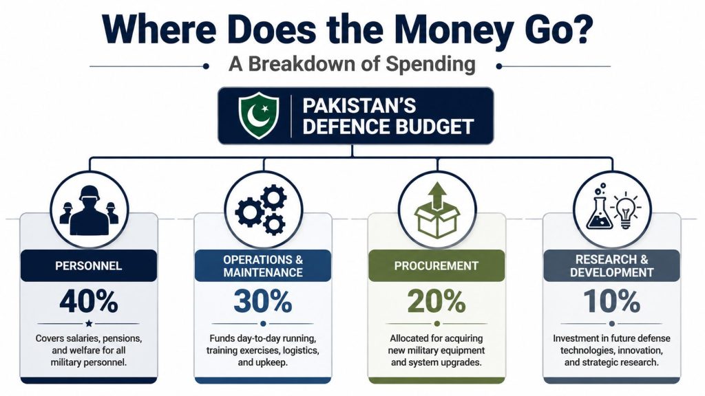 An infographic breakdown of Pakistan's defence budget showing allocations for personnel, operations, procurement, and research.