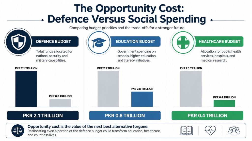 A comparison chart showing Pakistan's defence budget versus social spending on education and healthcare sectors.