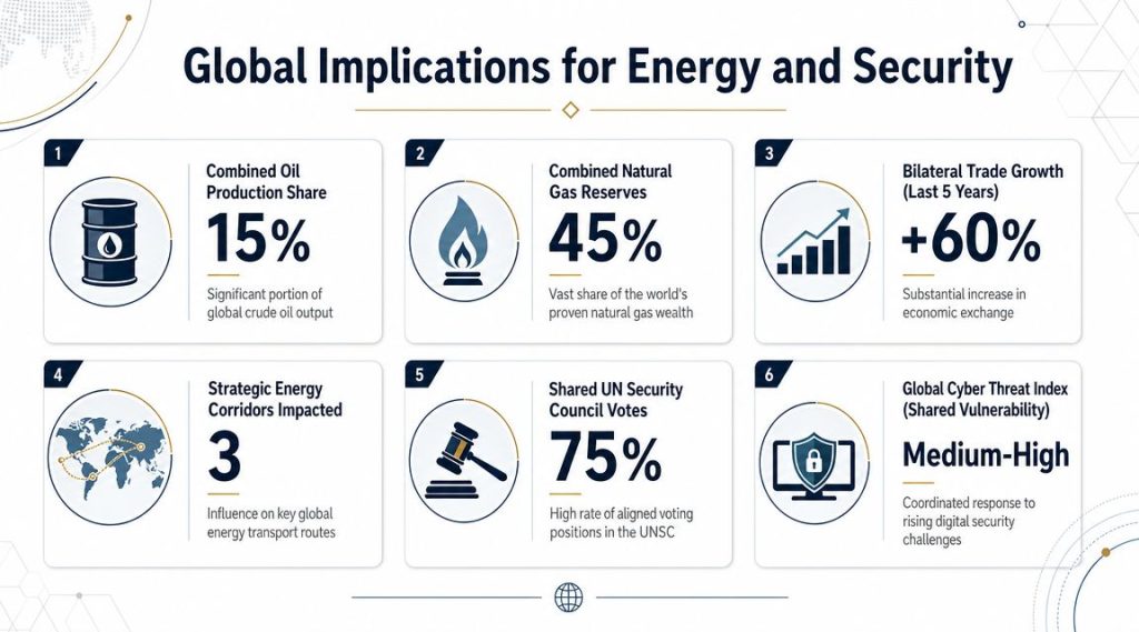 An infographic titled Global Implications for Energy and Security detailing statistics on oil, gas, and trade.