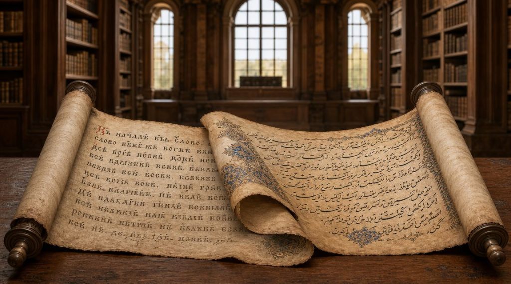 An ancient manuscript with Slavic and Persian calligraphy resting on a wooden table in a library.