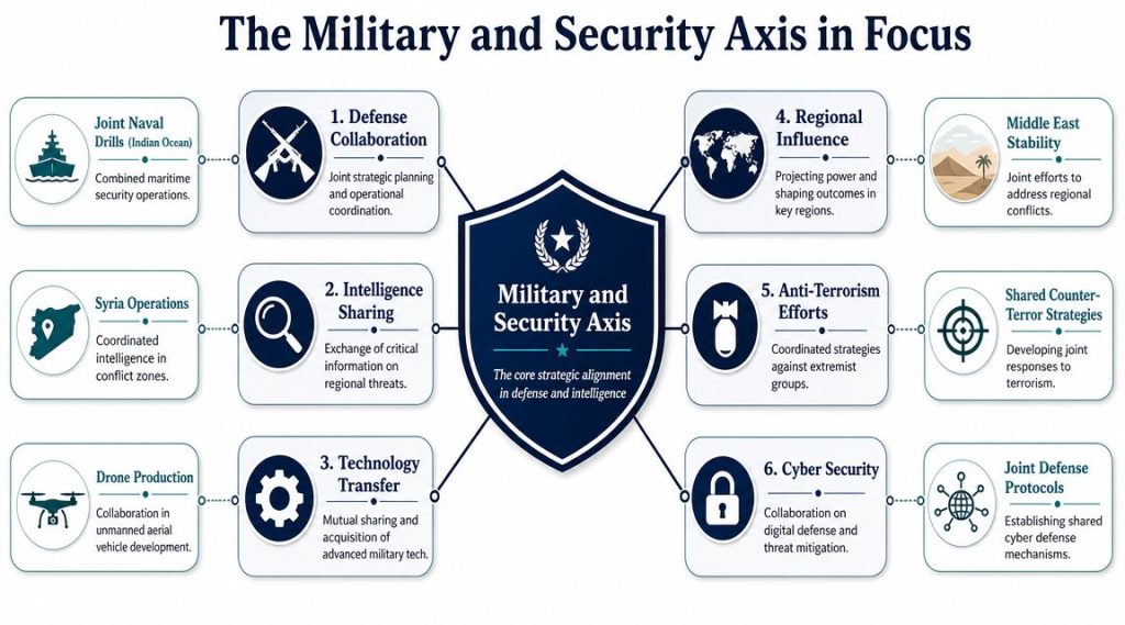 A diagram illustrating the military and security alliance between Russia and Iran through six key strategic pillars.